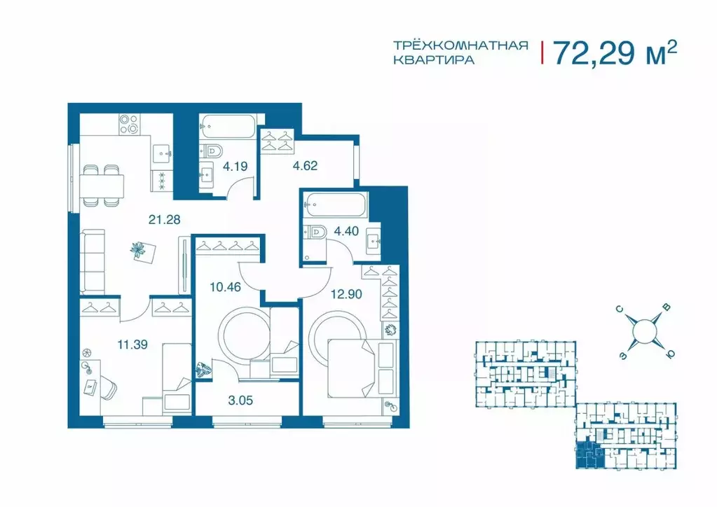 3-к кв. Тульская область, Тула Рязанская ул. (72.29 м) - Фото 0