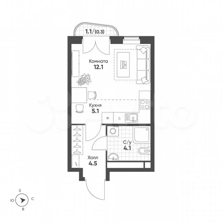 Квартира-студия, 26,1 м, 4/15 эт. - Фото 0