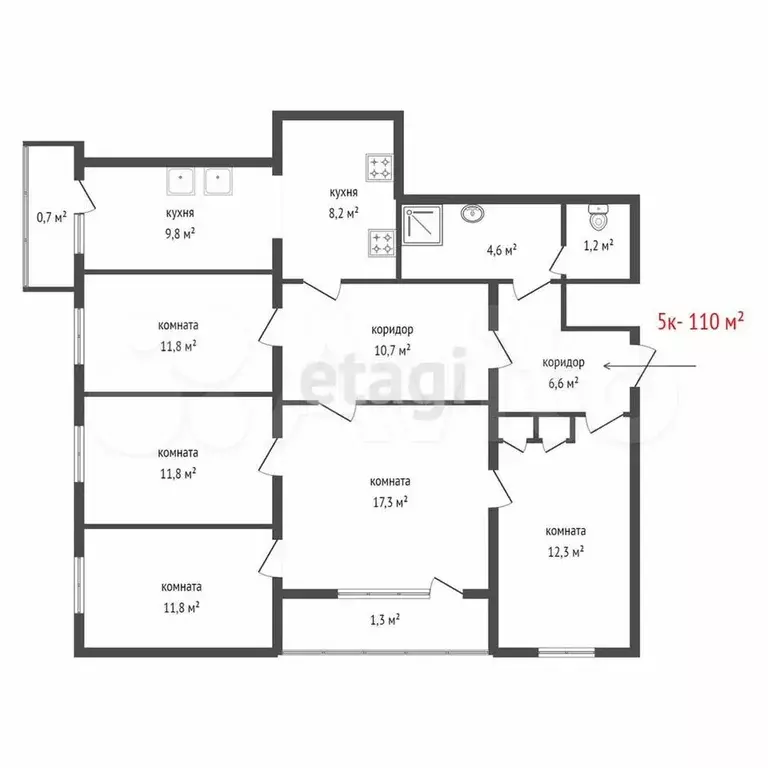 5-к. квартира, 110 м, 2/5 эт. - Фото 1