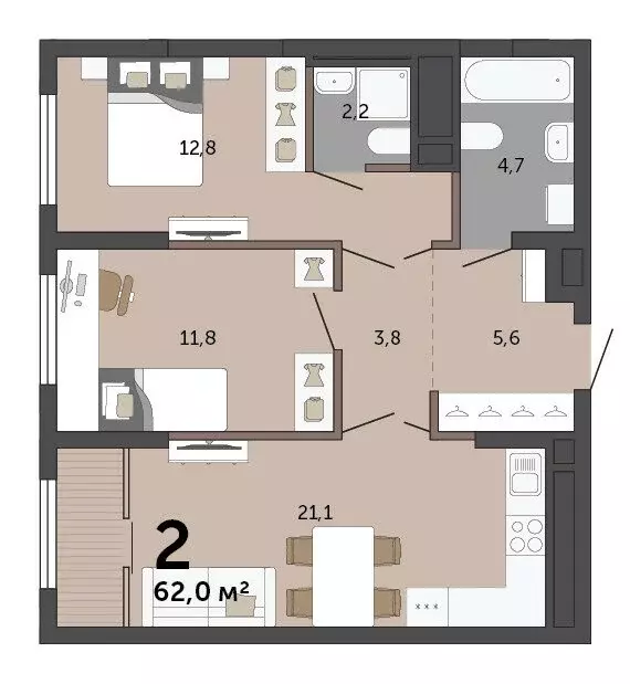 2-комнатная квартира: Екатеринбург, Сосновый переулок (62 м) - Фото 2