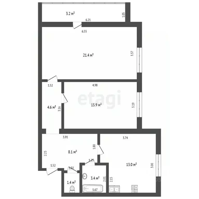 2-к кв. Татарстан, Альметьевск ул. Чапаева, 4А (70.0 м) - Фото 2