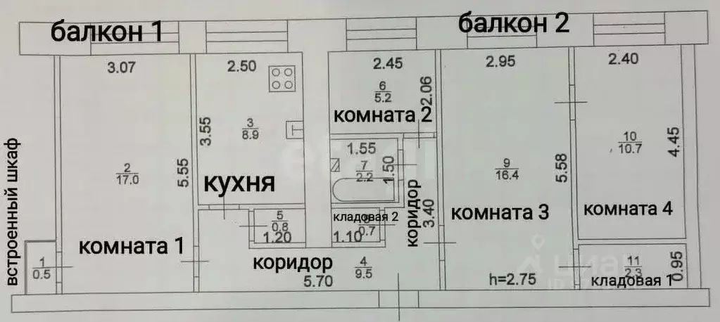 4-к кв. Татарстан, Казань Театральная ул., 13 (74.2 м) - Фото 2