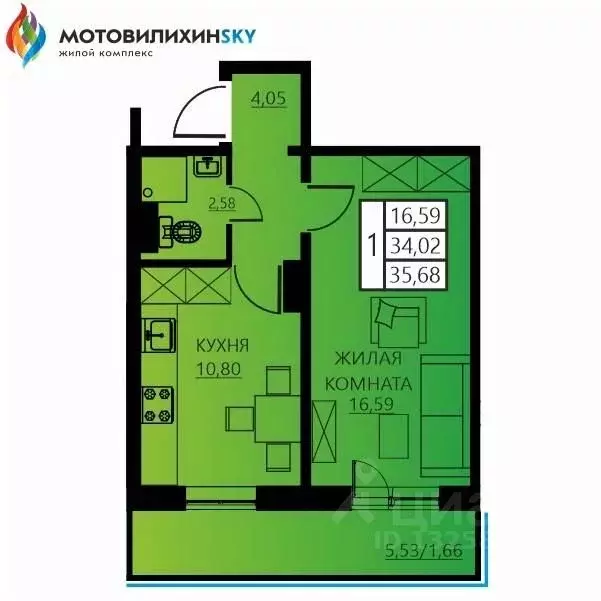 1-к кв. Пермский край, Пермь ул. Гашкова, 53к3 (35.68 м) - Фото 0