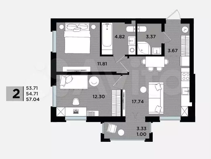 2-к. квартира, 57 м, 2/5 эт. - Фото 1