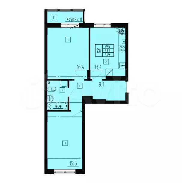 2-к. квартира, 59,5 м, 4/8 эт. - Фото 1