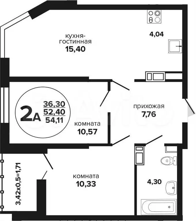 2-к. квартира, 54,1 м, 7/24 эт. - Фото 1