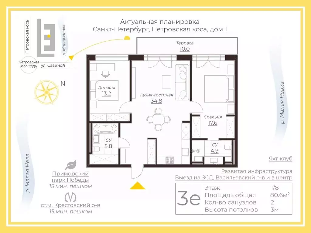 2-к кв. Санкт-Петербург проезд Петровская коса, 1к2 (80.6 м) - Фото 2