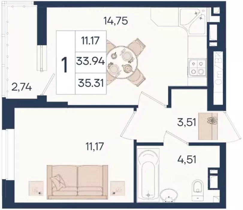 1-к кв. Краснодарский край, Краснодар  (35.31 м) - Фото 1