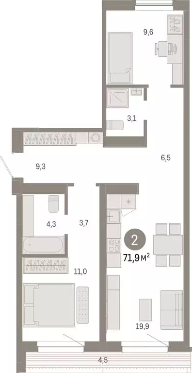 2-комнатная квартира: Новосибирск, Большевистская улица, с49 (71.88 м) - Фото 1