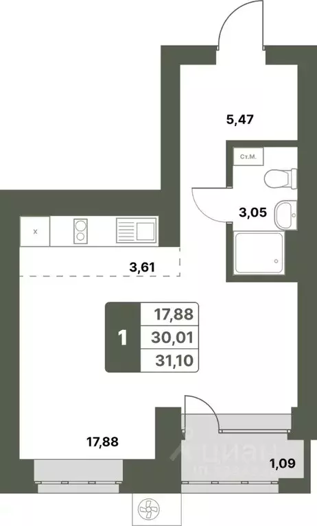1-к кв. Башкортостан, Уфимский район, с. Миловка  (31.1 м) - Фото 1