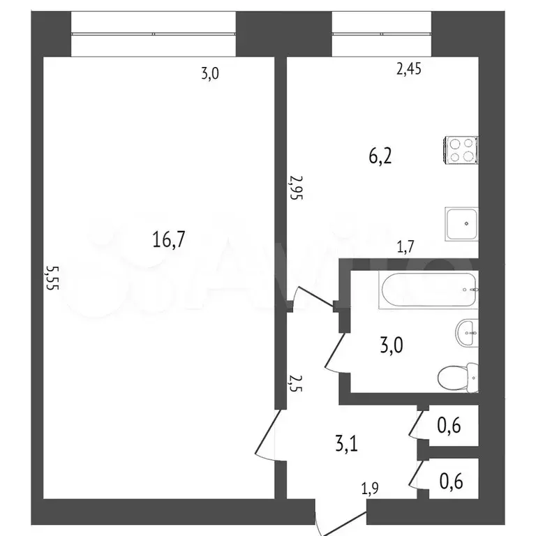 1-к. квартира, 29,6 м, 1/5 эт. - Фото 0