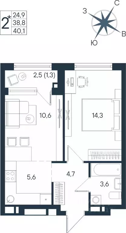 Студия Пермский край, Пермь ул. Космонавта Беляева, 17 (40.1 м) - Фото 1