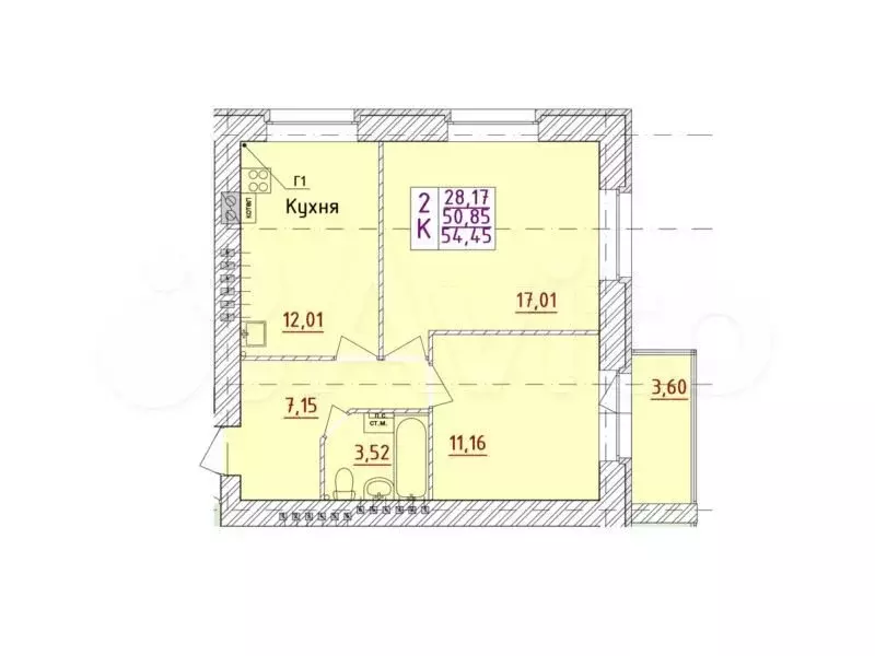 2-к. квартира, 54,5 м, 4/6 эт. - Фото 0