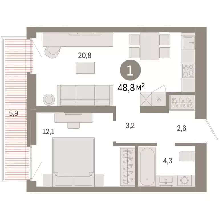 1-комнатная квартира: Тюмень, Ленинский округ (48.75 м) - Фото 1