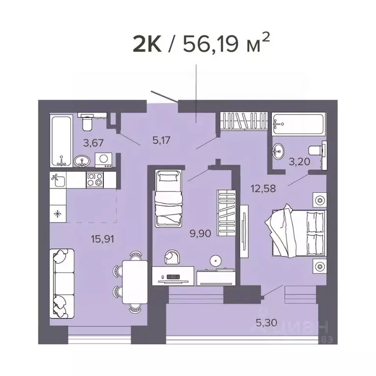 2-к кв. Новосибирская область, Новосибирск Нарымская ул., 22 (56.19 м) - Фото 0