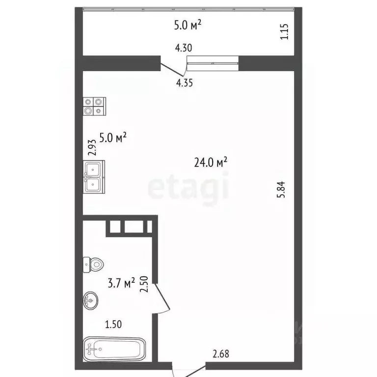 Студия Ханты-Мансийский АО, Нягань 4-й мкр, 30/1 (24.4 м) - Фото 2