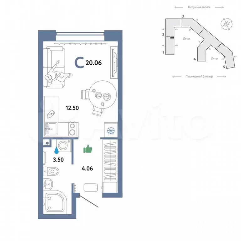 Квартира-студия, 19 м, 12/16 эт. - Фото 0