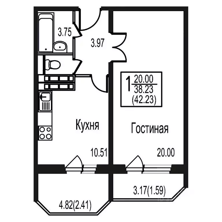 Квартира, 1 комната, 42.23 м - Фото 0