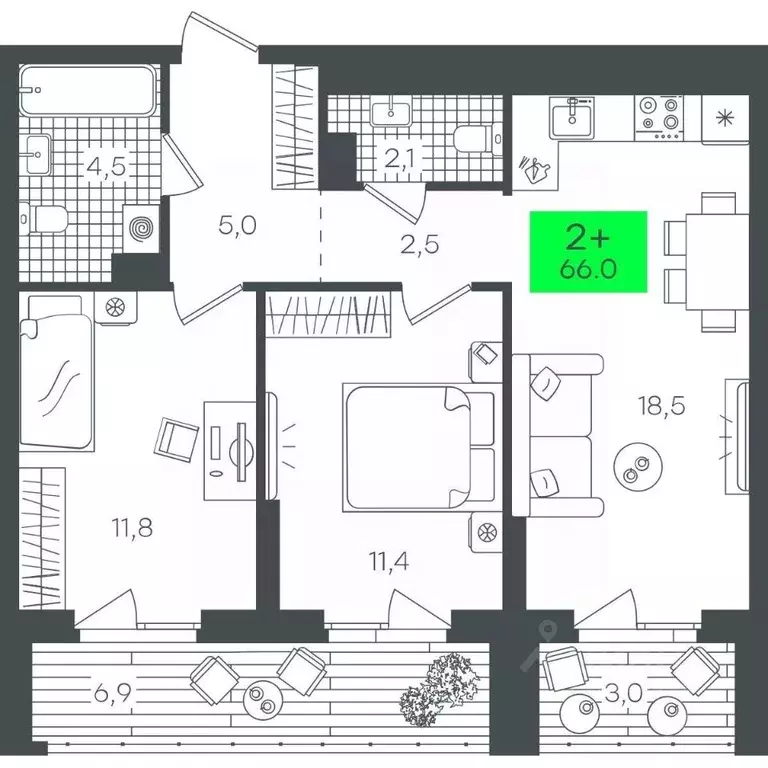 2-к кв. Тюменская область, Тюмень Гранд Квартал жилой комплекс (66.09 ... - Фото 1