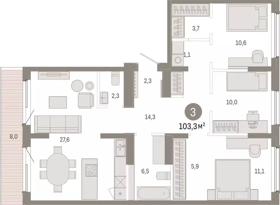 3-комнатная квартира: Омск, Кировский округ (103.26 м) - Фото 1