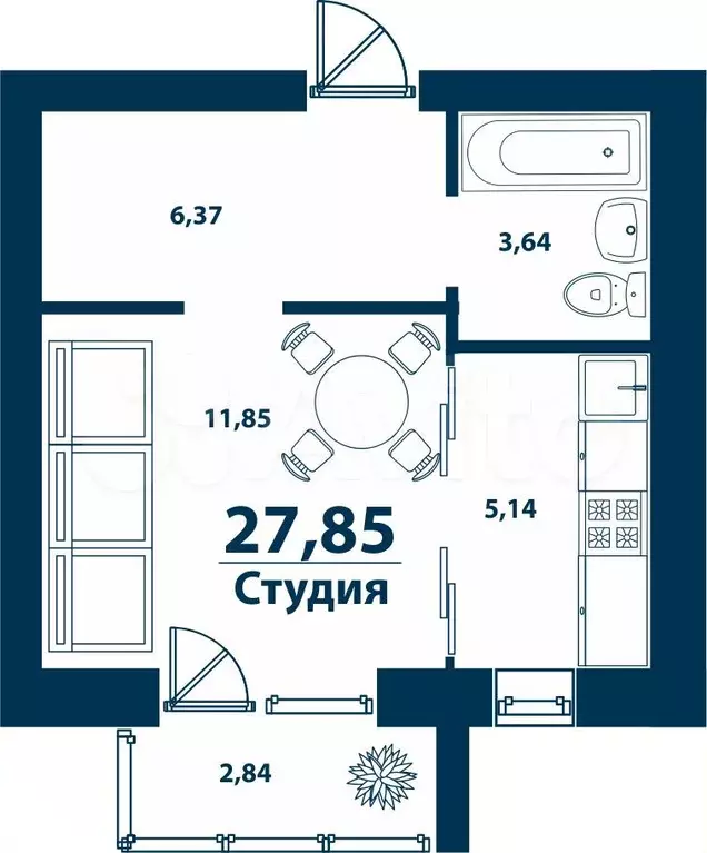 Квартира-студия, 27,9 м, 5/5 эт. - Фото 0