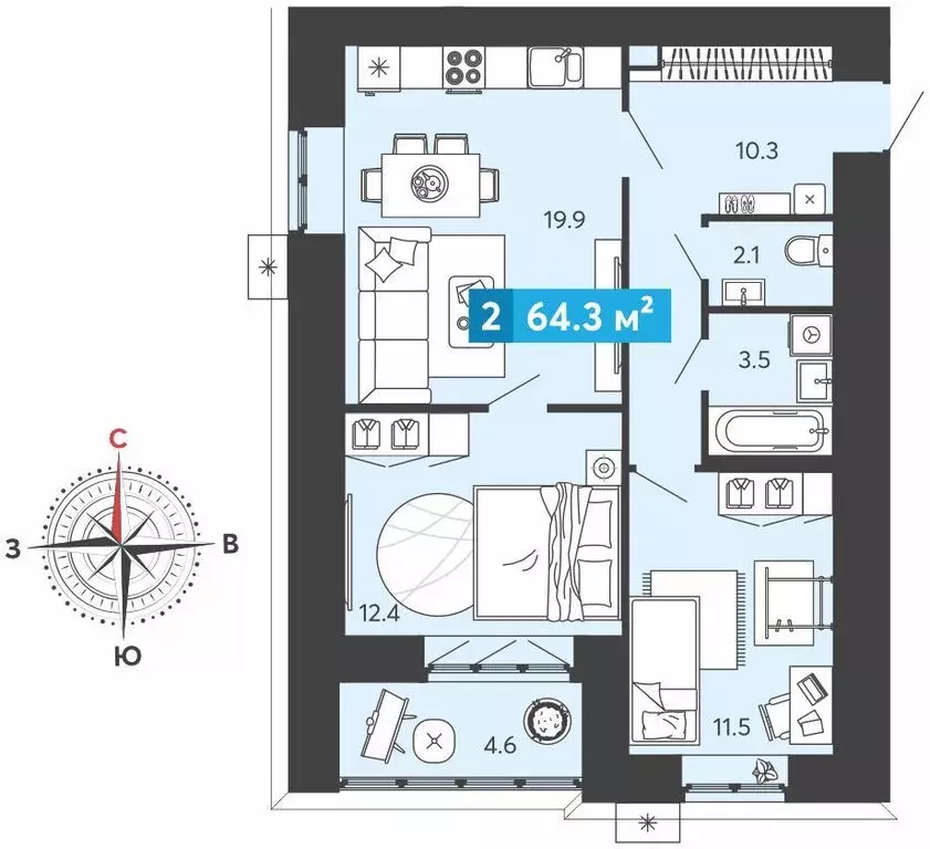 2-комнатная квартира: Засечное, микрорайон Город Спутник (64.3 м) - Фото 1