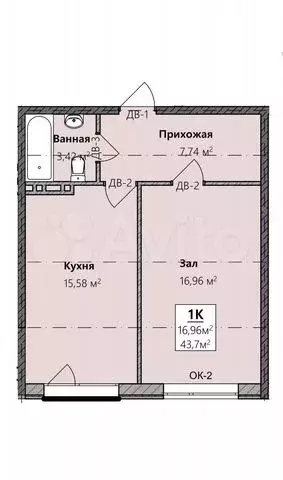1-к. квартира, 43,7 м, 2/8 эт. - Фото 0