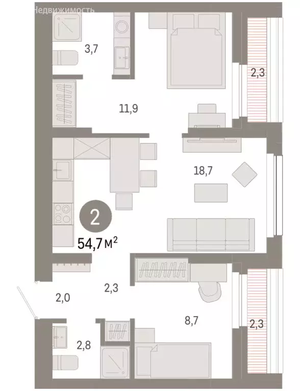 2-комнатная квартира: Новосибирск, квартал Лебедевский (54.7 м) - Фото 1