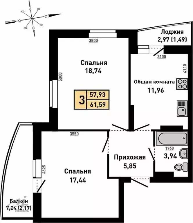 3-комнатная квартира: Барнаул, улица Малахова, 134Ак2 (61.59 м) - Фото 0