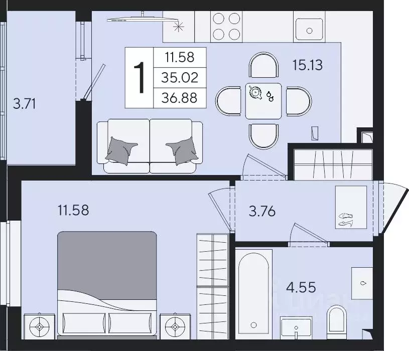 1-к кв. Краснодарский край, Краснодар  (36.88 м) - Фото 2