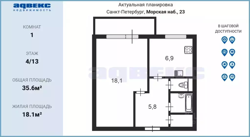 1-к кв. Санкт-Петербург Морская наб., 23 (35.6 м) - Фото 1