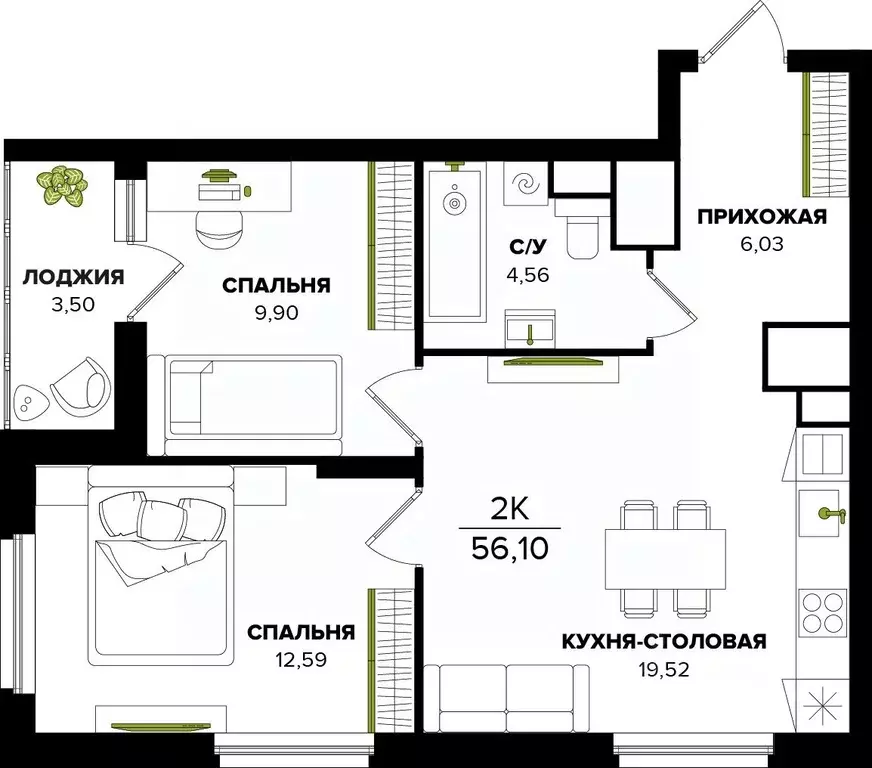 2-к кв. Тульская область, Тула  (56.1 м) - Фото 0