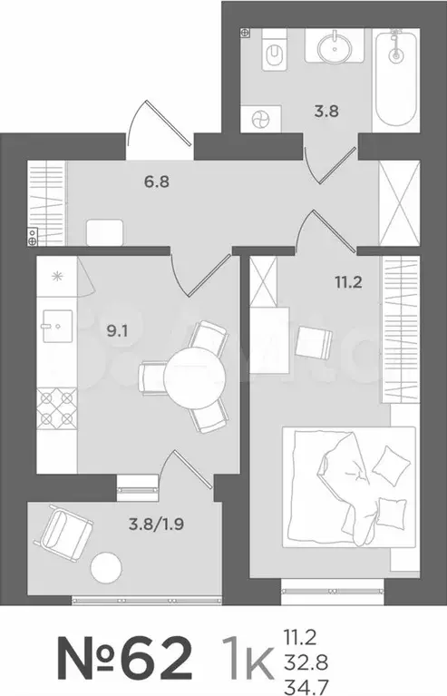 1-к. квартира, 32,8 м, 2/7 эт. - Фото 1