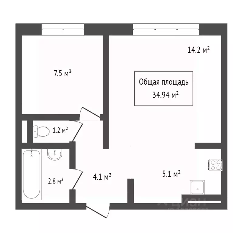 2-к кв. Томская область, Томск ул. Юрия Ковалева, 43А (34.94 м) - Фото 1