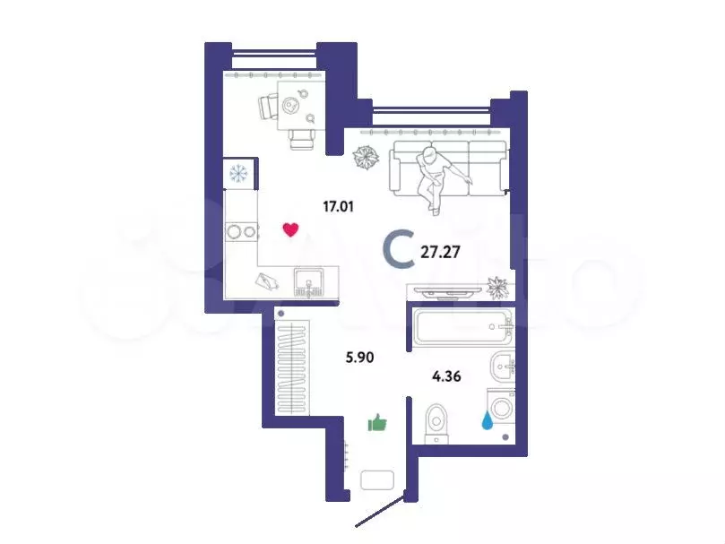 Квартира-студия, 27,3 м, 16/25 эт. - Фото 1