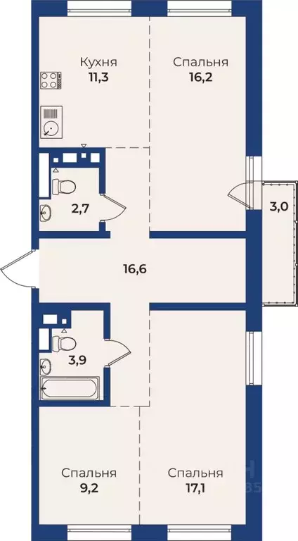 3-к кв. Бурятия, Улан-Удэ Ключевская ул., 90Д (77.9 м) - Фото 1