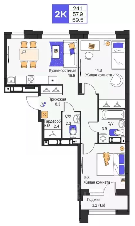 2-к кв. Пермский край, Пермь ул. Карла Модераха, 7 (59.5 м) - Фото 1