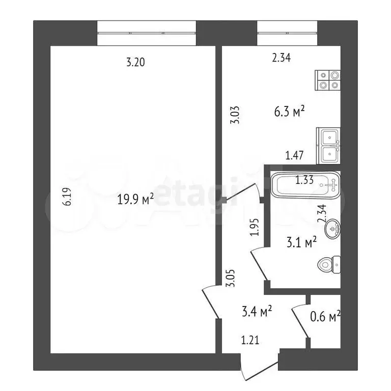 1-к. квартира, 33,3 м, 2/9 эт. - Фото 0