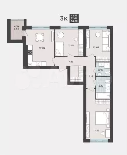 3-к. квартира, 82,6 м, 4/9 эт. - Фото 1