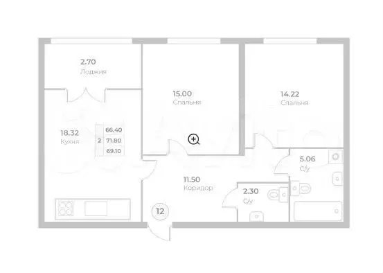 2-к. квартира, 69,1 м, 3/4 эт. - Фото 1
