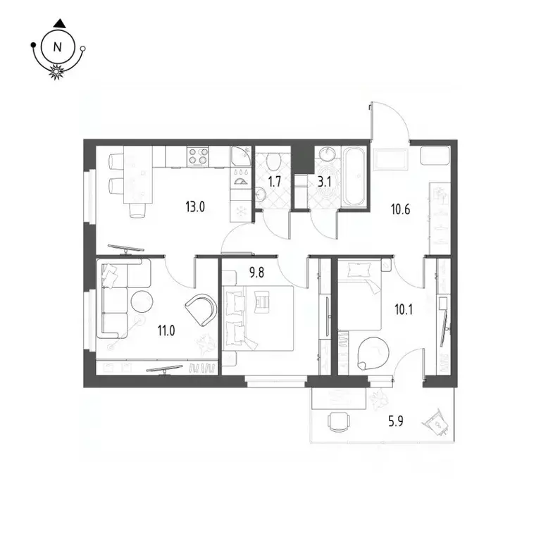 3-к кв. Санкт-Петербург ш. Суздальское, 22к3 (61.0 м) - Фото 0