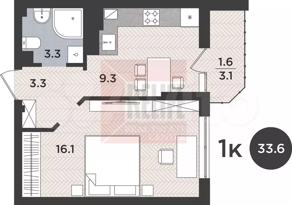 1-к. квартира, 33,6 м, 2/9 эт. - Фото 0