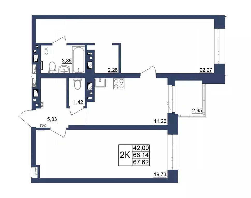 2-к кв. Башкортостан, Уфа Космос жилой комплекс, лит1 (67.62 м) - Фото 1