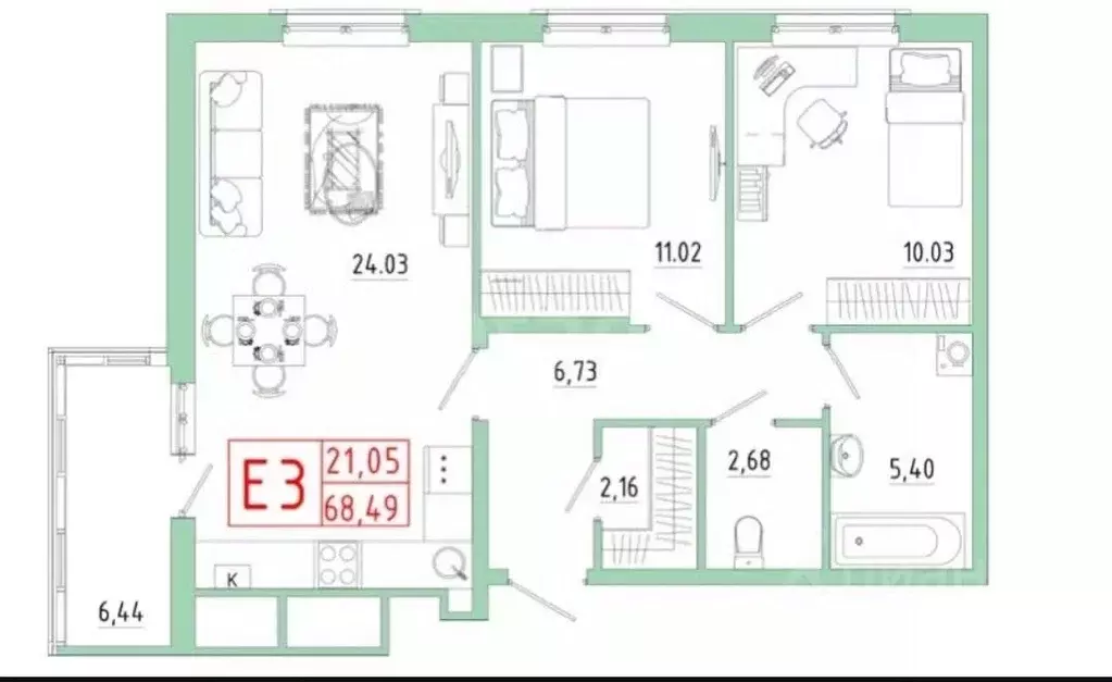 3-к кв. Тульская область, Тула ул. Сурикова, 22к2 (69.0 м) - Фото 2