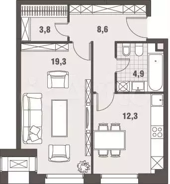 1-к. квартира, 48,9м, 1/9эт. - Фото 1