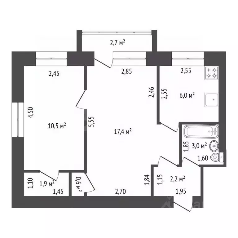 2-к кв. Башкортостан, Уфа Вологодская ул., 144 (41.6 м) - Фото 1