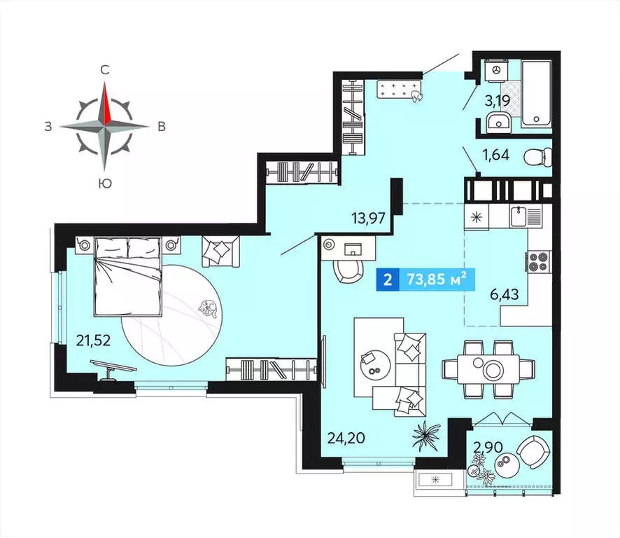 2-комнатная квартира: Засечное, микрорайон Город Спутник (73.85 м) - Фото 0