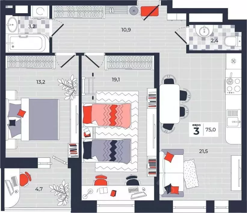 3-к кв. Тульская область, Тула ул. Академика Насоновой, 1А (75.0 м) - Фото 1