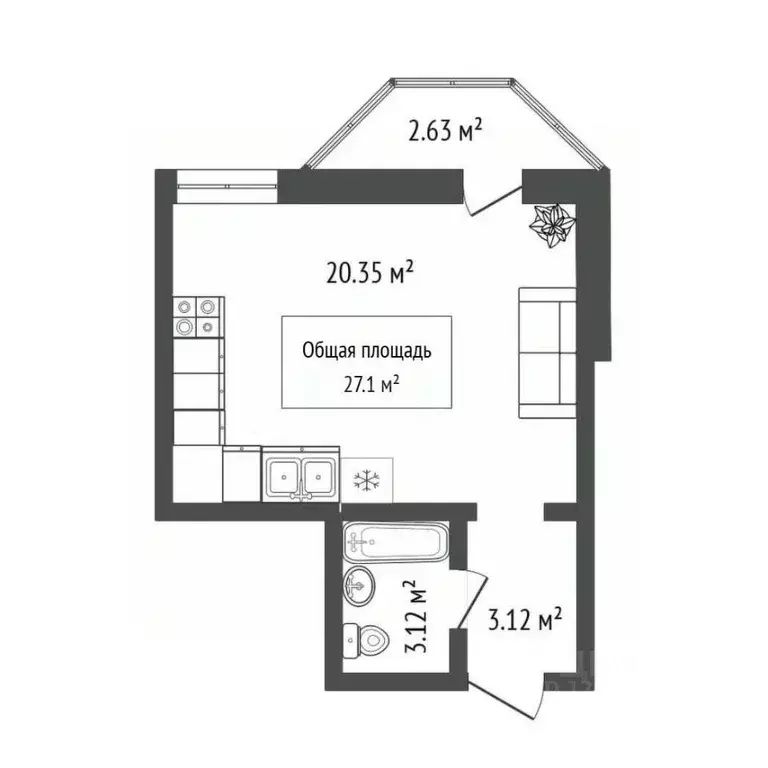 Студия Новосибирская область, Новосибирск ул. Олеко Дундича, 1/3 (27.1 ... - Фото 2