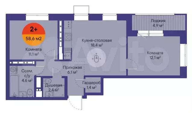 2-к. квартира, 58,6 м, 4/15 эт. - Фото 1